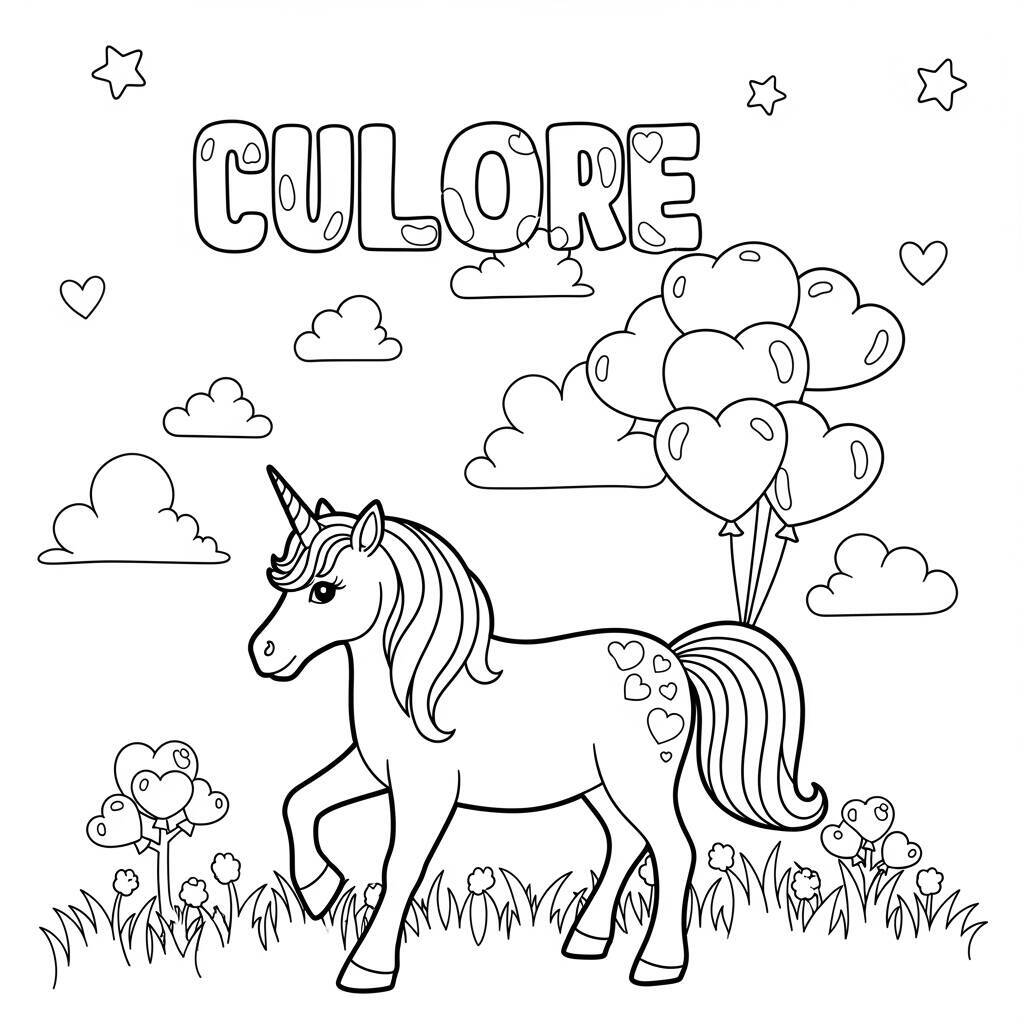 Desenho de Unicórnio e Coração de Balões para Colorir