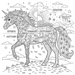 Unicorn and Season Coloring Page