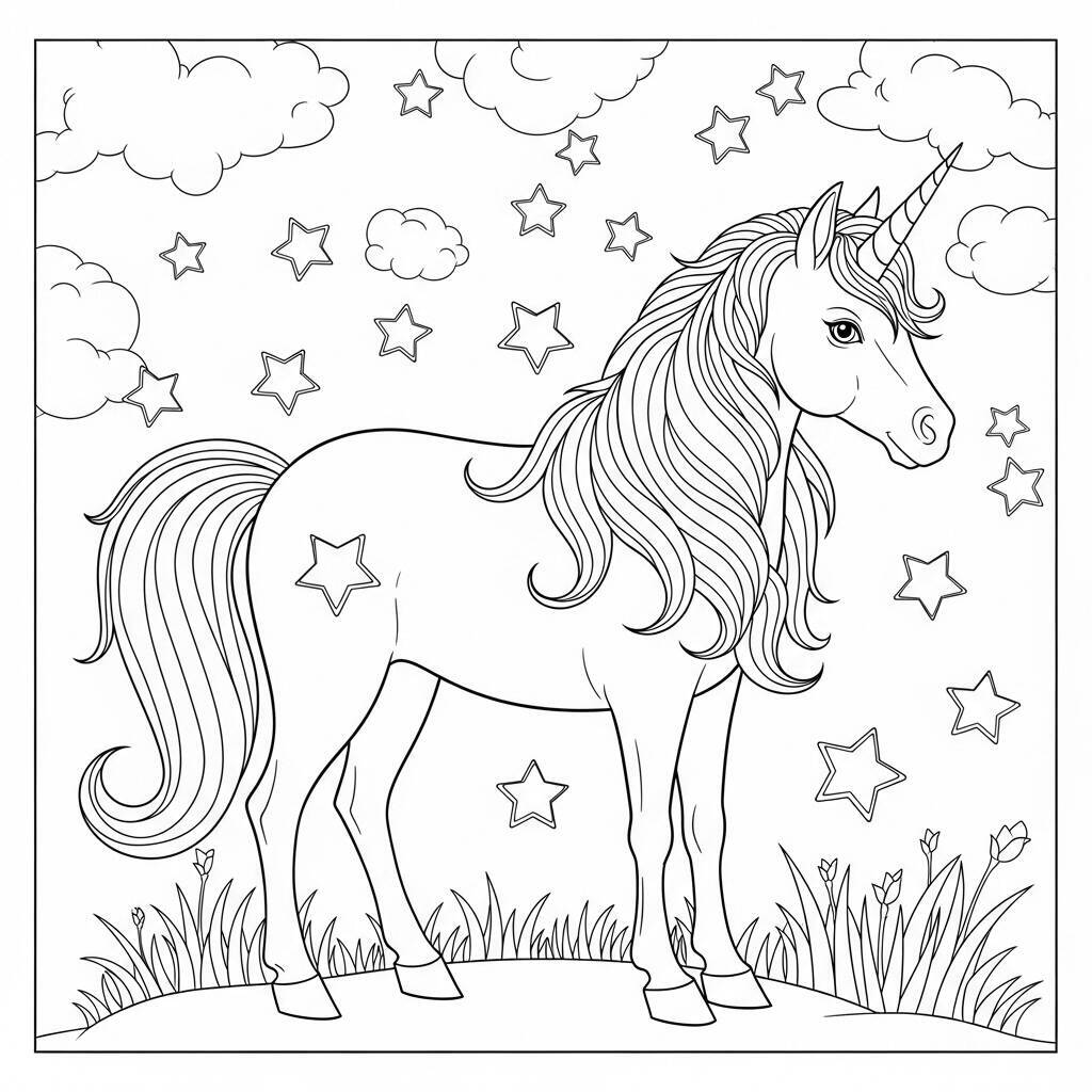 Desenho de Unicórnio e Estrelas para Colorir