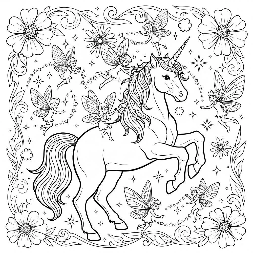 Desenho de Unicórnio e Fadas para Colorir