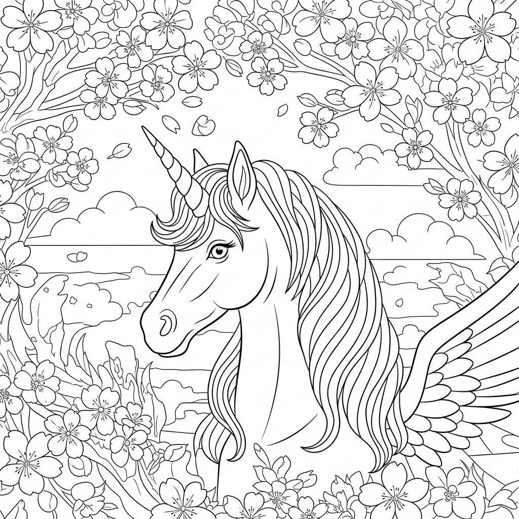 Desenho de Unicórnio e Flores de Cerejeira para Colorir