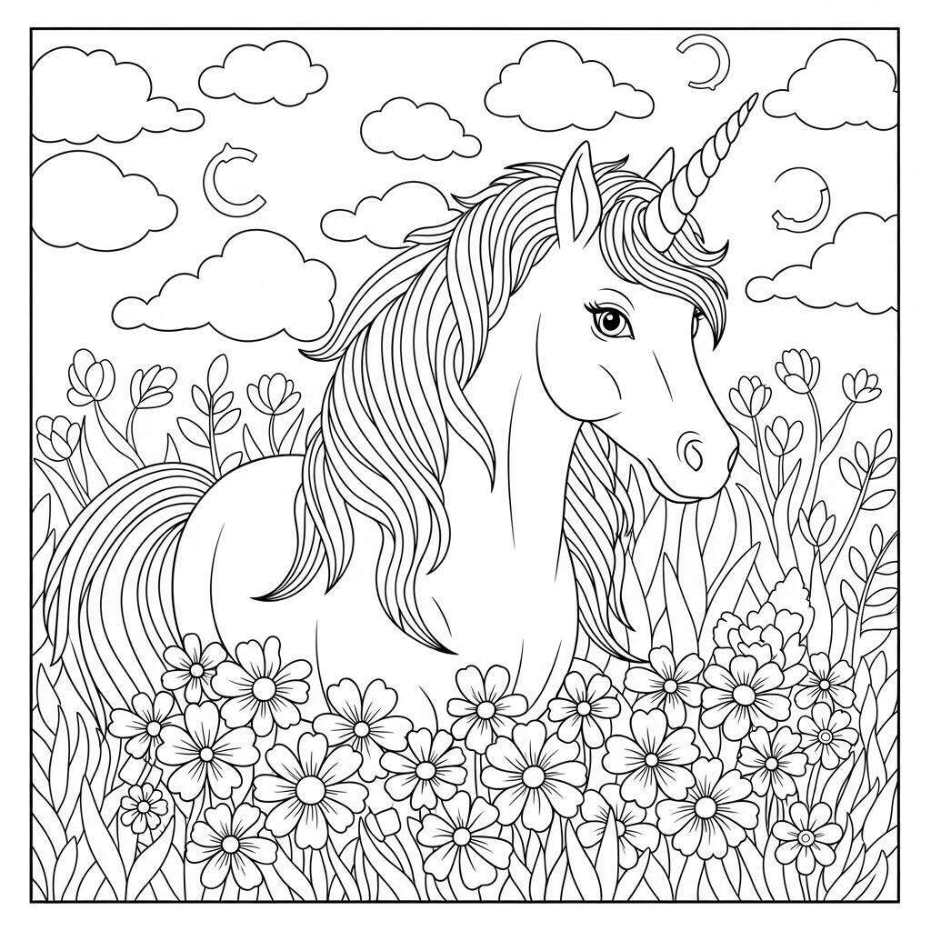 Desenho de Unicórnio e Flores para Colorir