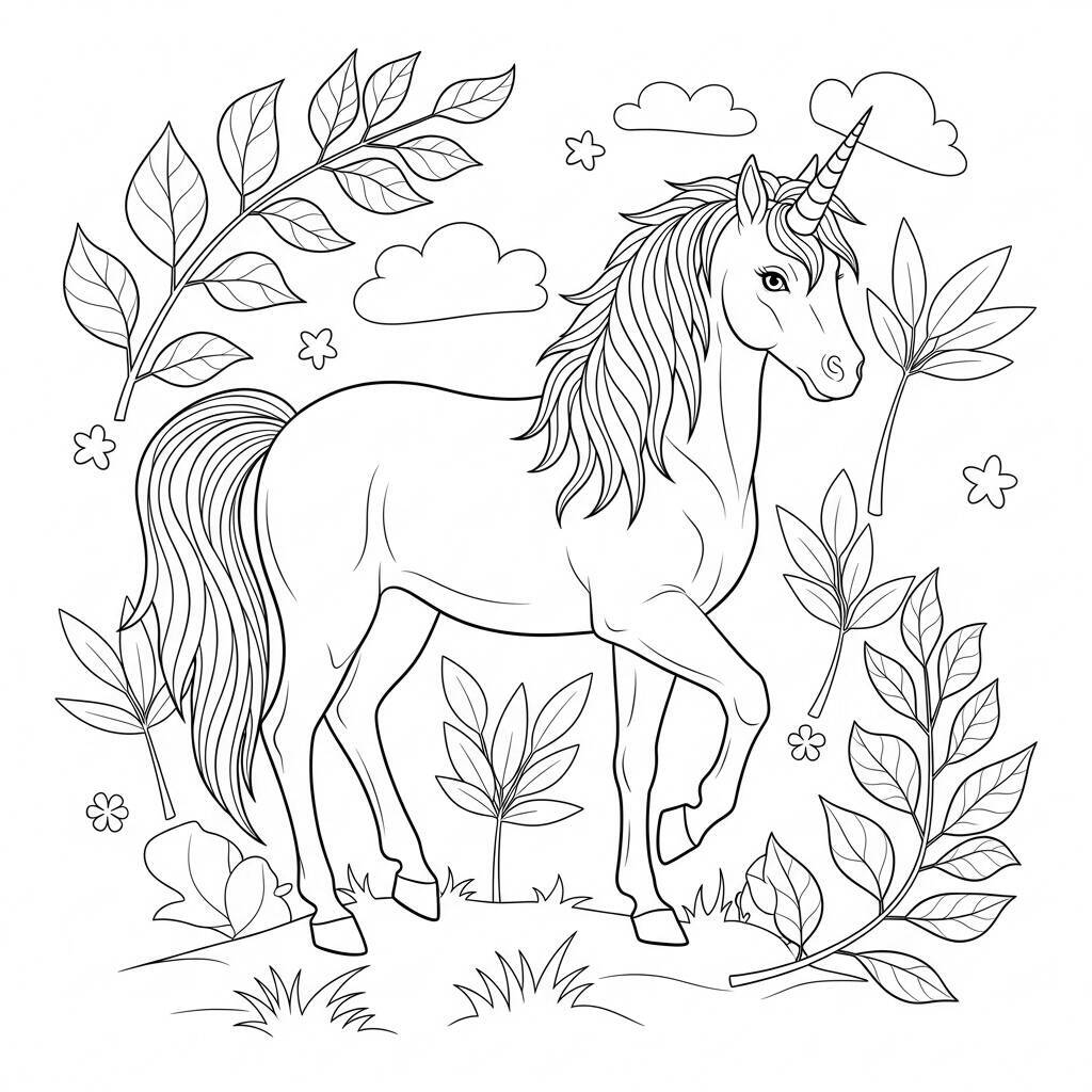 Desenho de Unicórnio e Folhas para Colorir