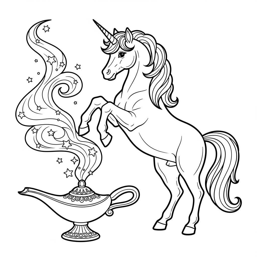 Desenho de Unicórnio e Lâmpada Mágica para Colorir