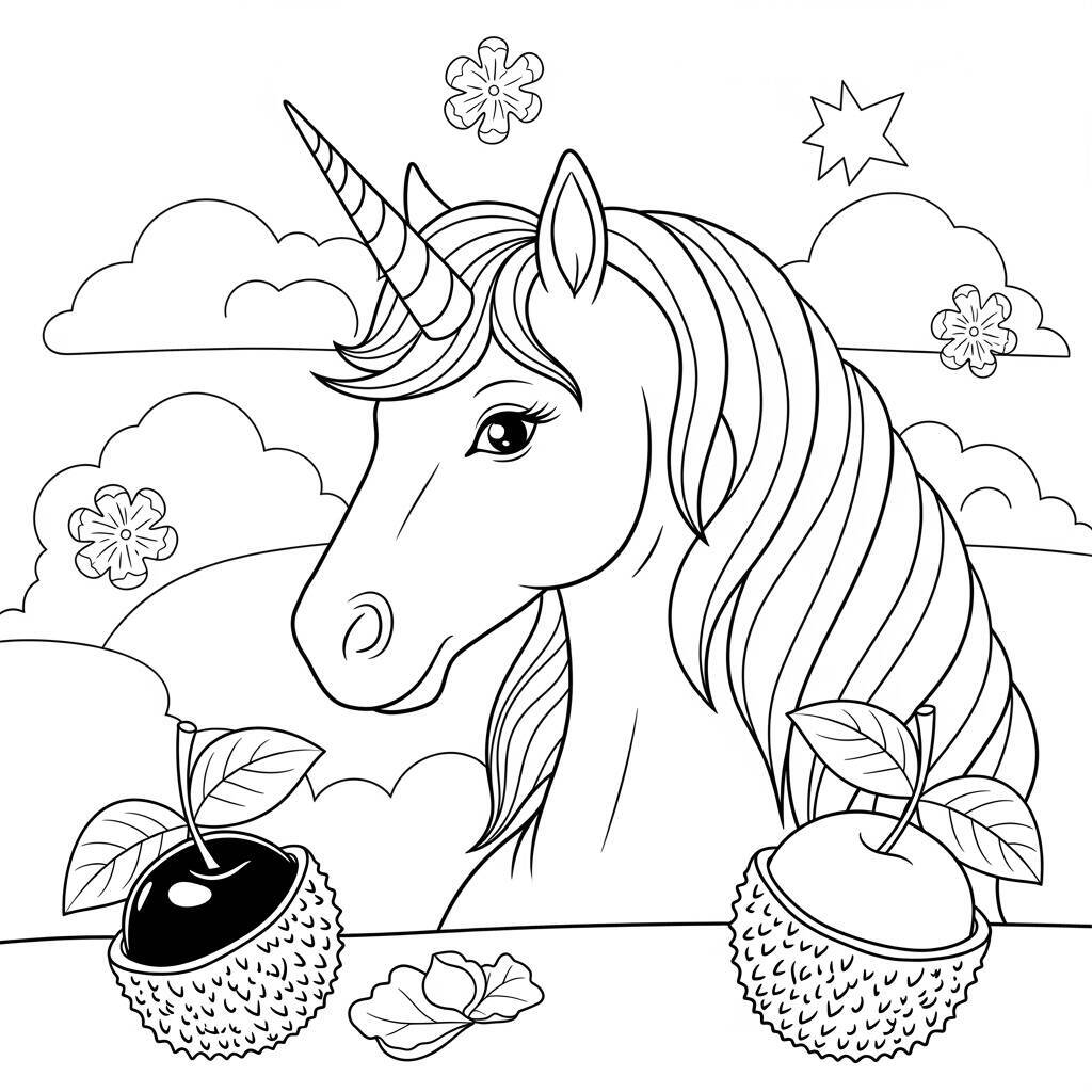 Desenho de Unicórnio e Lichia para Colorir