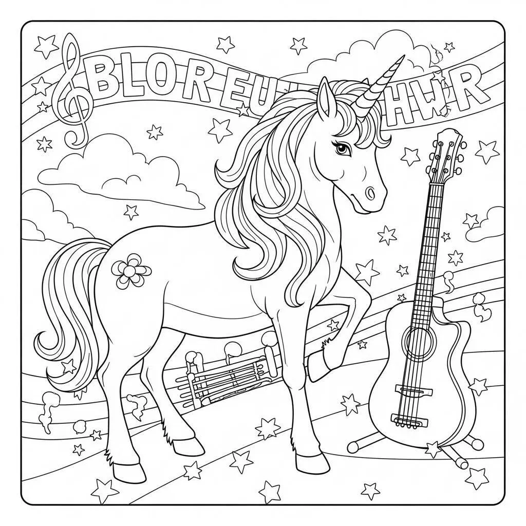 Desenho de Unicórnio e Música para Colorir