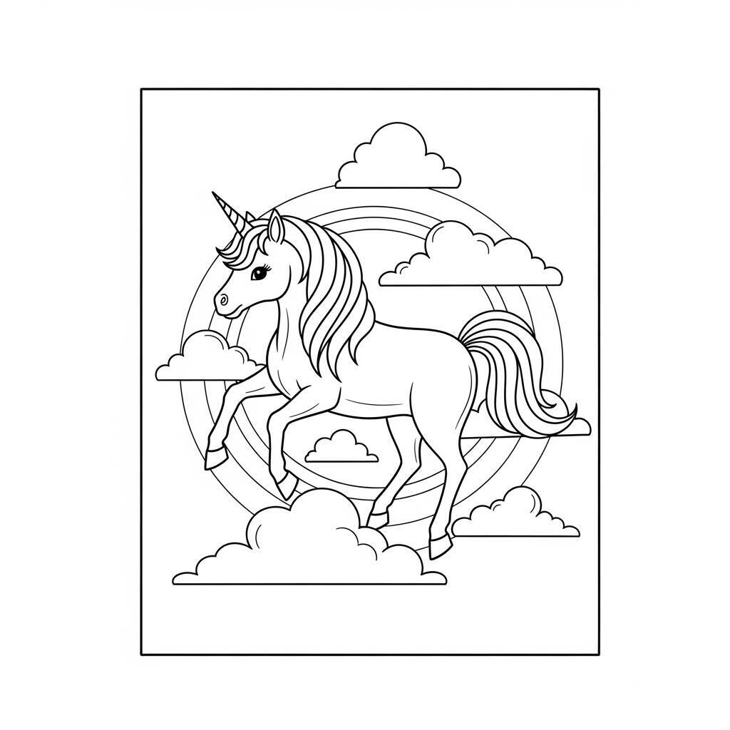 Desenho de Unicórnio e Nuvens Flutuantes para Colorir