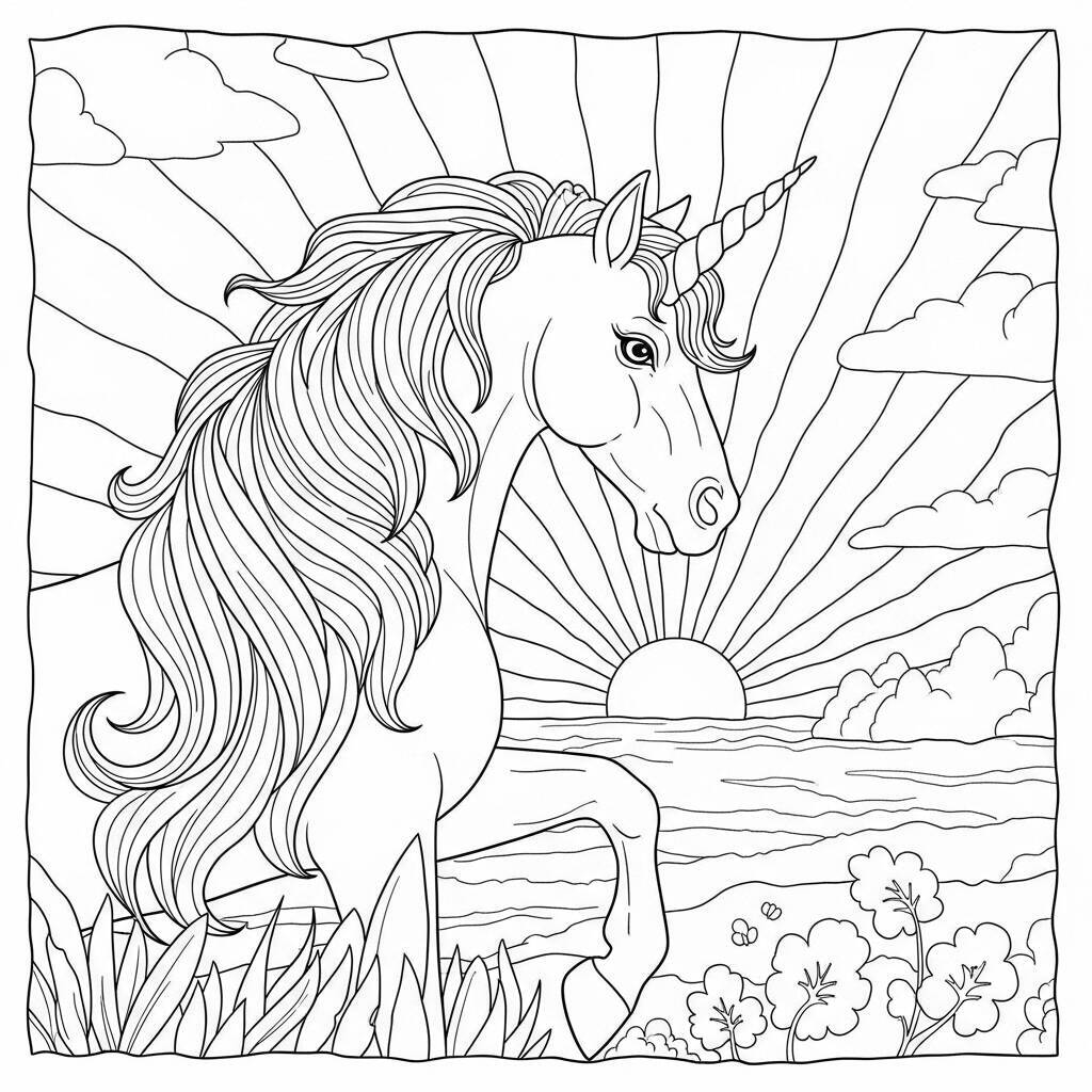 Desenho de Unicórnio e Sol Nascente para Colorir