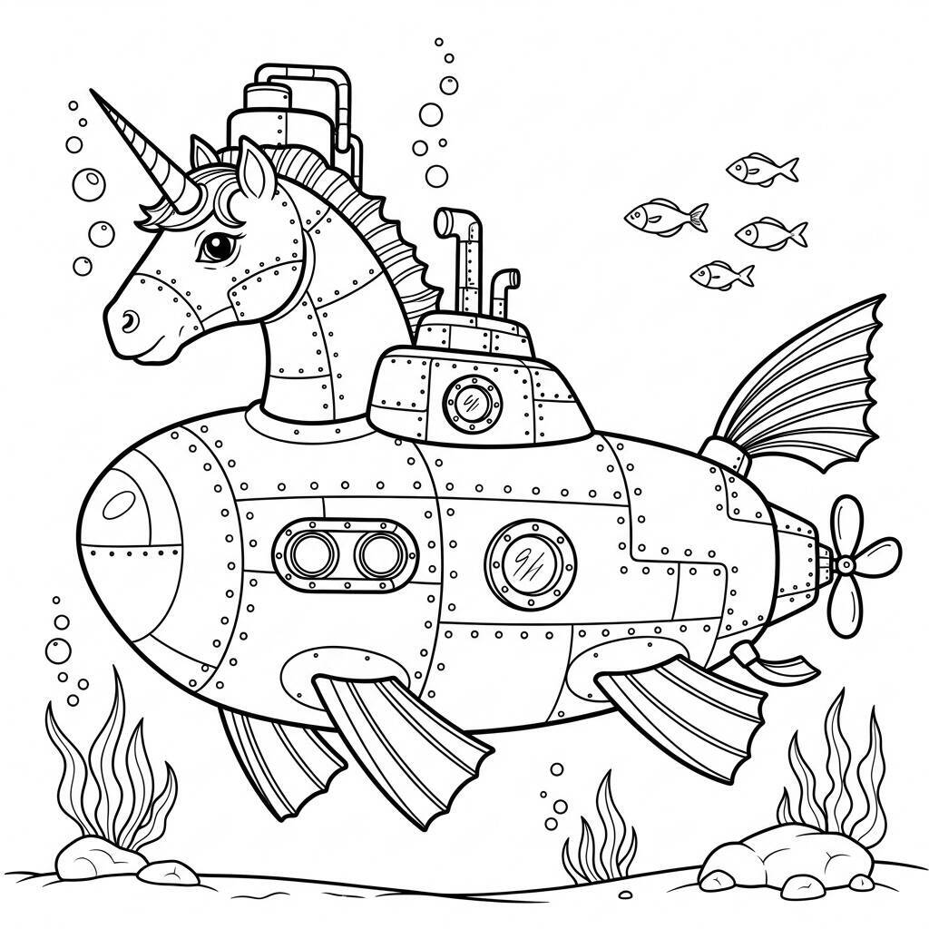 Desenho de Unicórnio e Submarino para Colorir