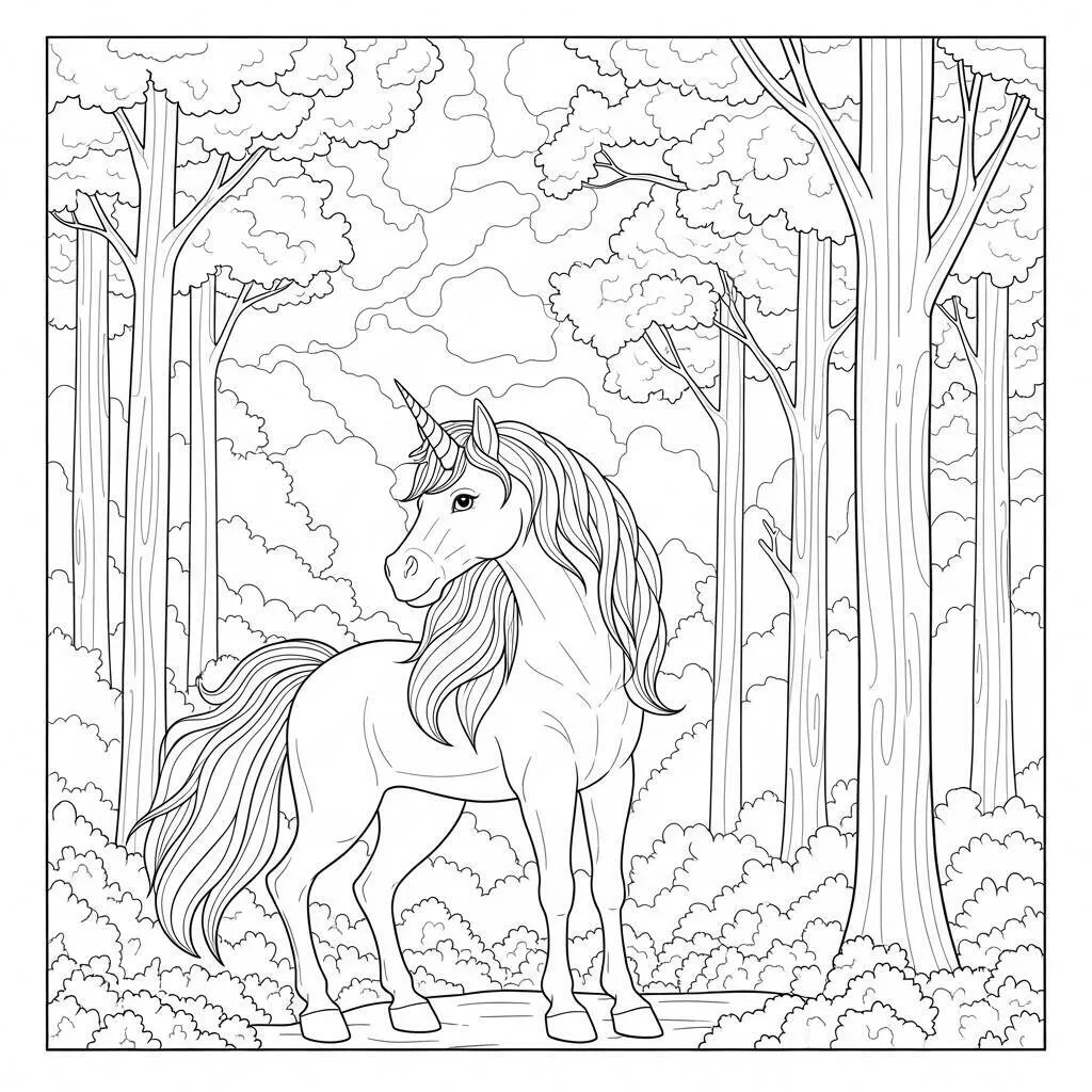 Desenho de Unicórnio na Floresta para Colorir