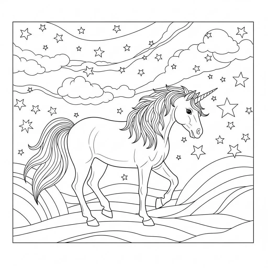 Desenho de Unicórnio no Céu Estrelado para Colorir