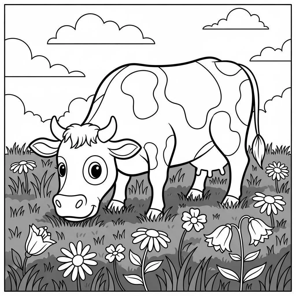 Desenho-de-Vaca-Pastando-na-Grama-para-Colorir Desenho de Vaca Pastando na Grama para Colorir