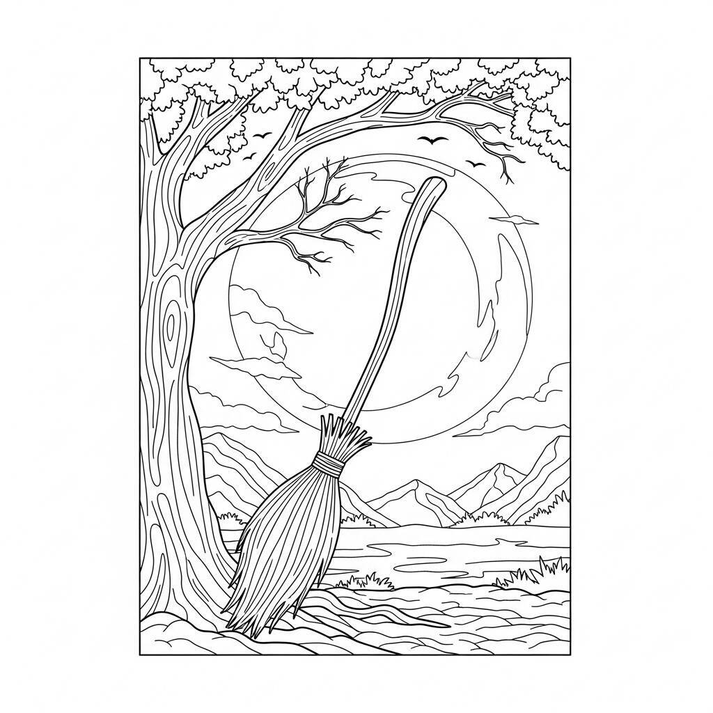 Desenho de Vassoura de Bruxa para Colorir