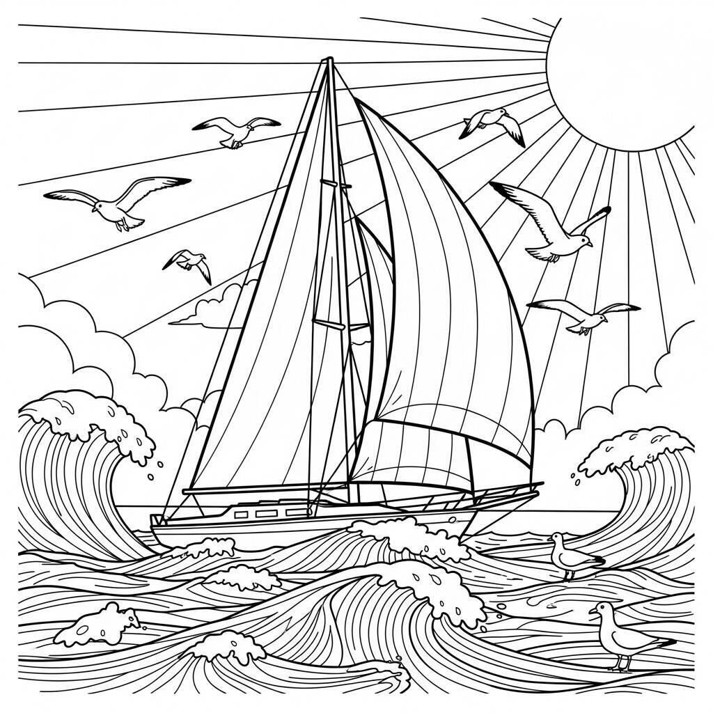 Desenho de Veleiro no Mar para Colorir