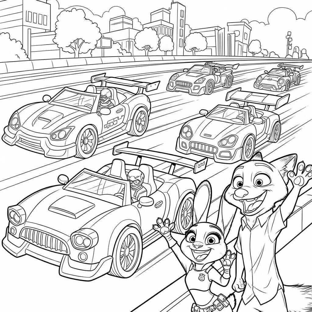 Coloriage Zootopie avec des voitures