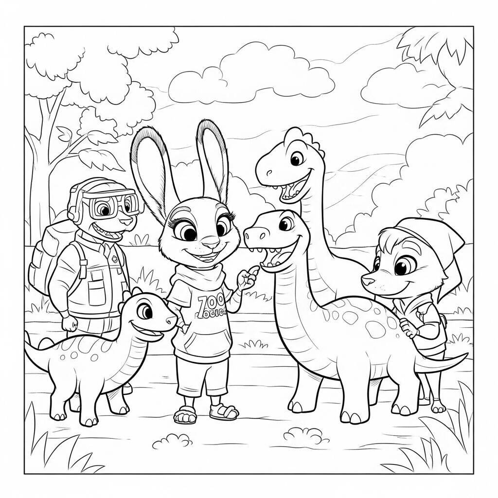 Coloriage Zootopie avec des dinosaures