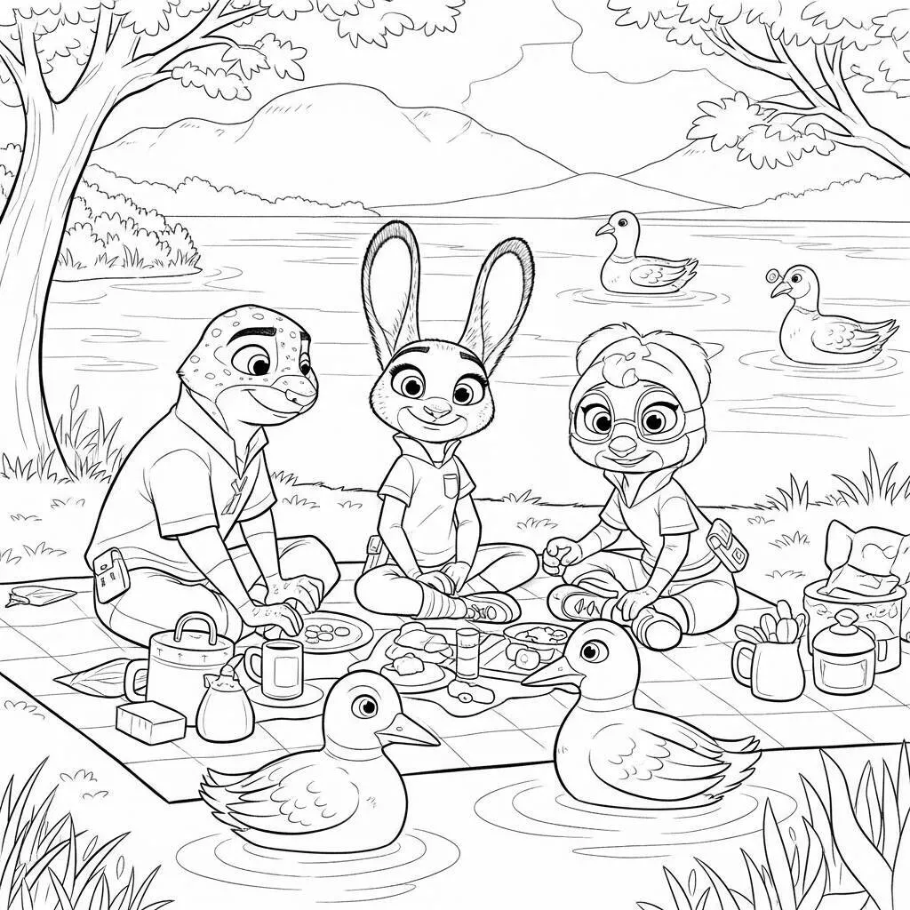 Desenho-de-Zootopia-com-um-Lago-para-Colorir Zootopia with a Lake Coloring Page