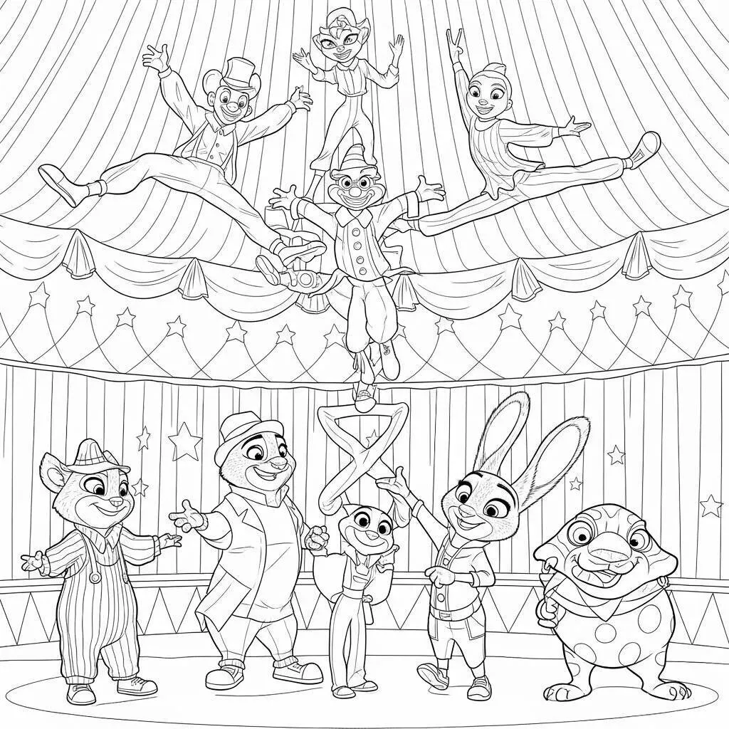 Desenho de Zootopia em um Circo para Colorir