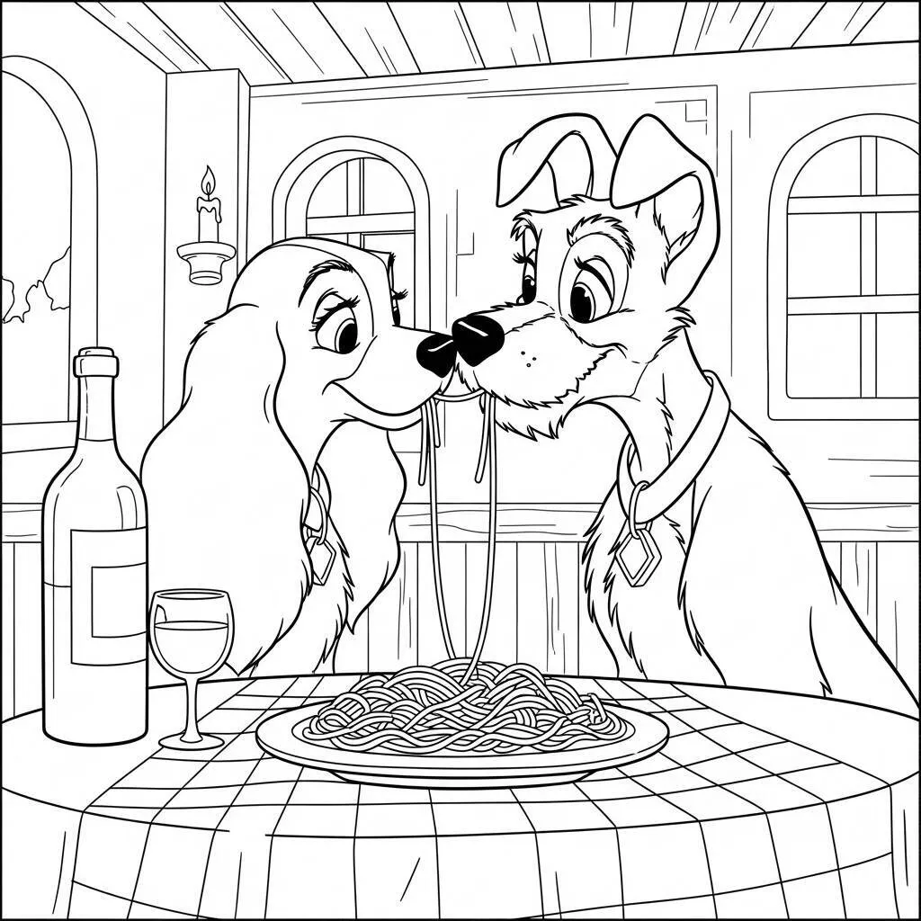 Desenho de a Dama e o Vagabundo para Colorir