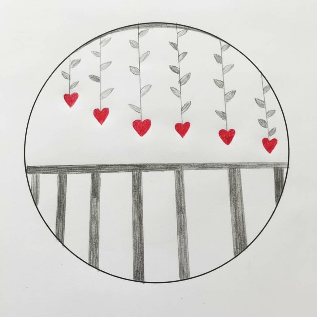 Desenho de corações vermelhos pendurados com folhas em um círculo
