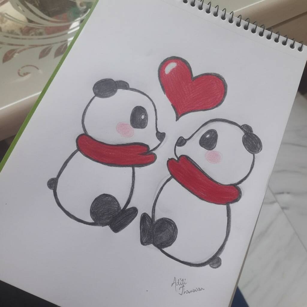 Desenho de dois pandas fofos com cachecol vermelho e um coração