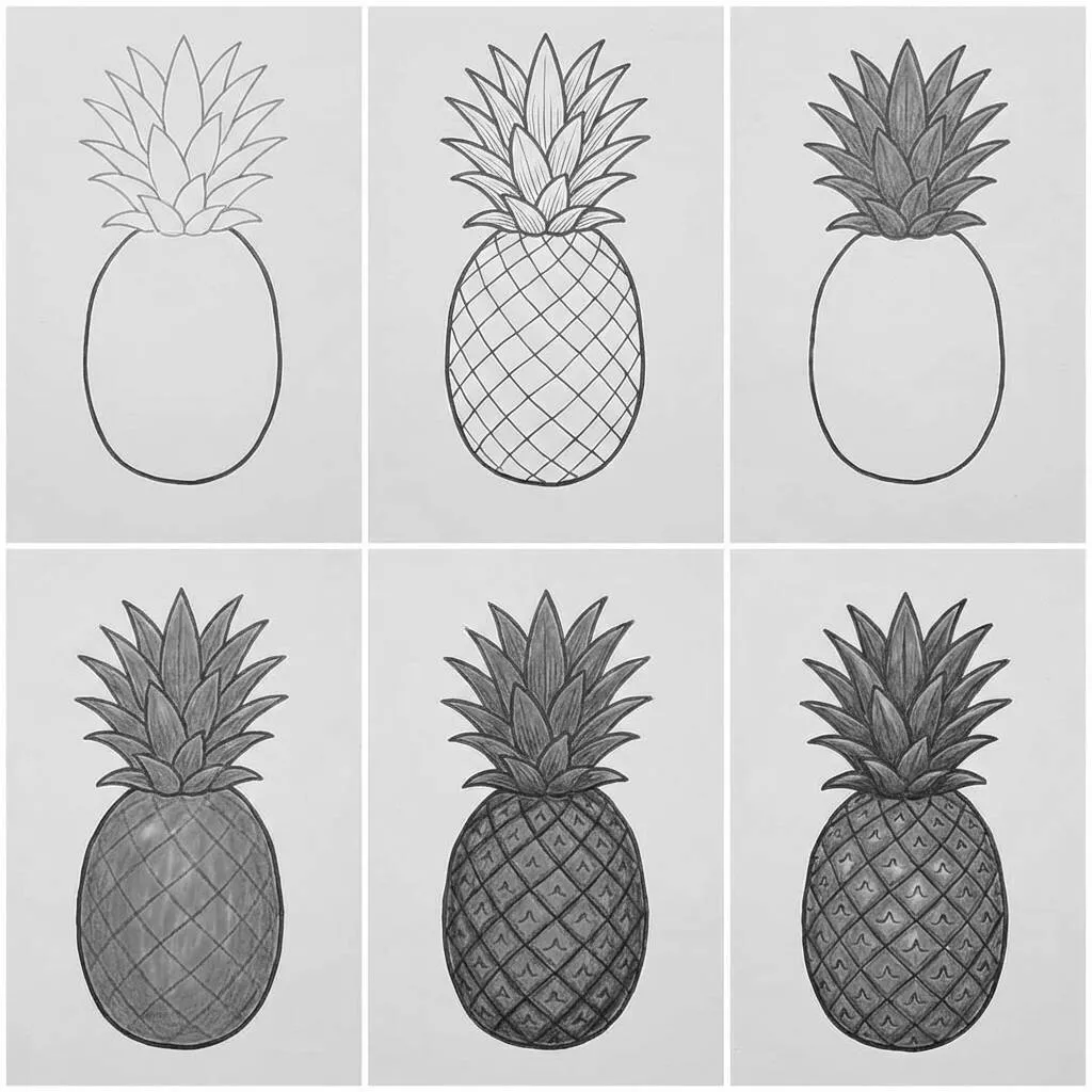 Desenho de um abacaxi em diferentes estágios de coloração