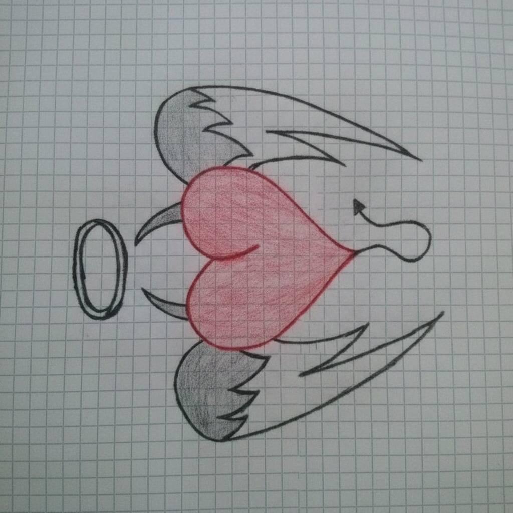 Desenho de um anjo com um coração vermelho