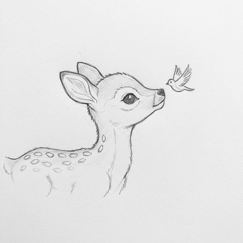 Desenho de um cervo fofo com um passarinho