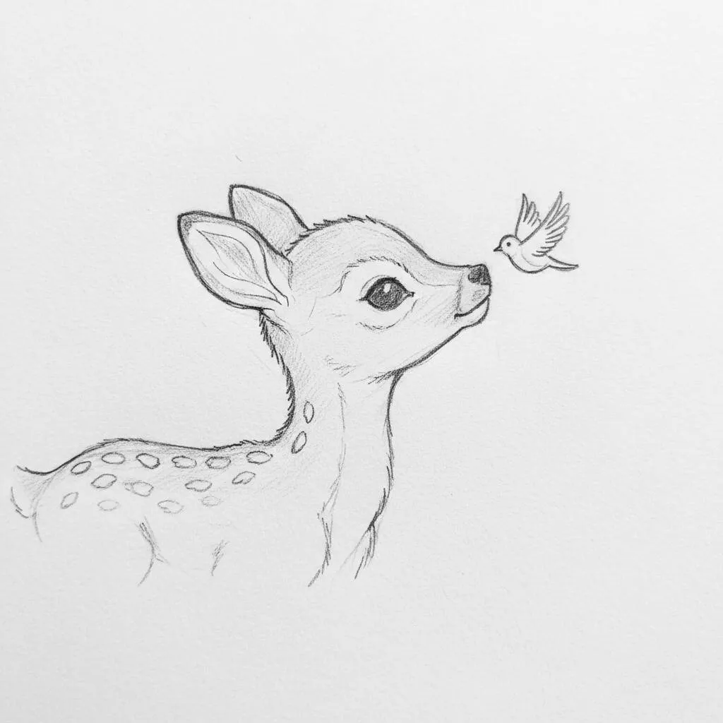 Desenho de um cervo fofo com um passarinho