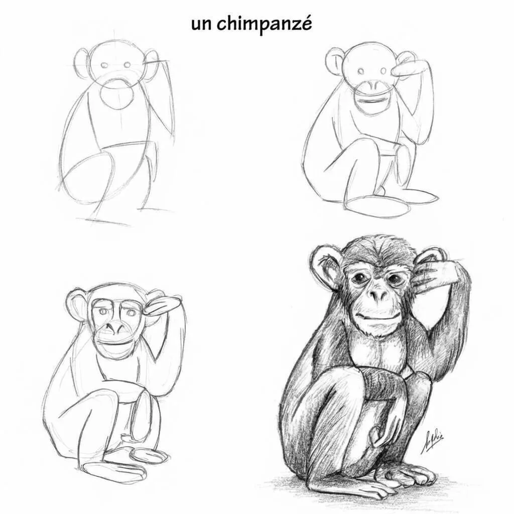 Desenho de um chimpanzé em várias etapas de esboço