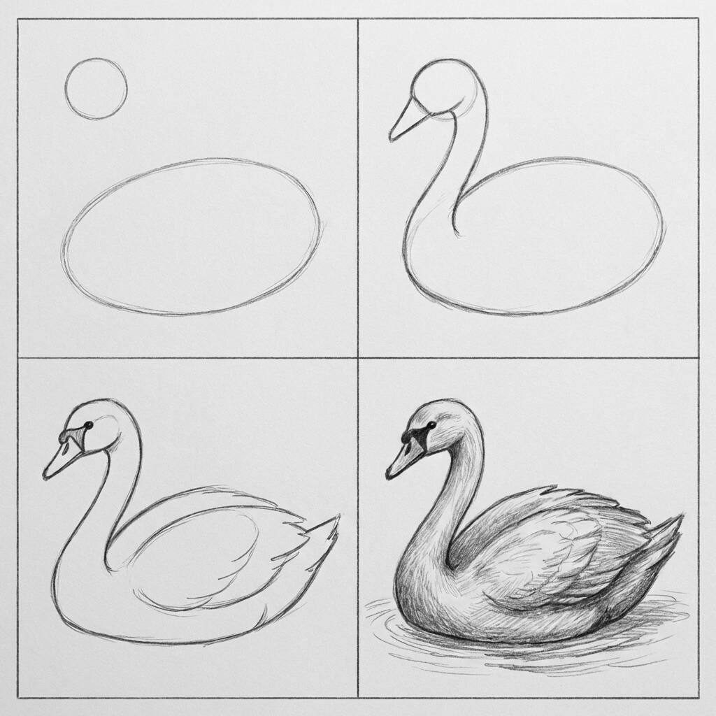 Desenho de um cisne em diferentes etapas de coloração