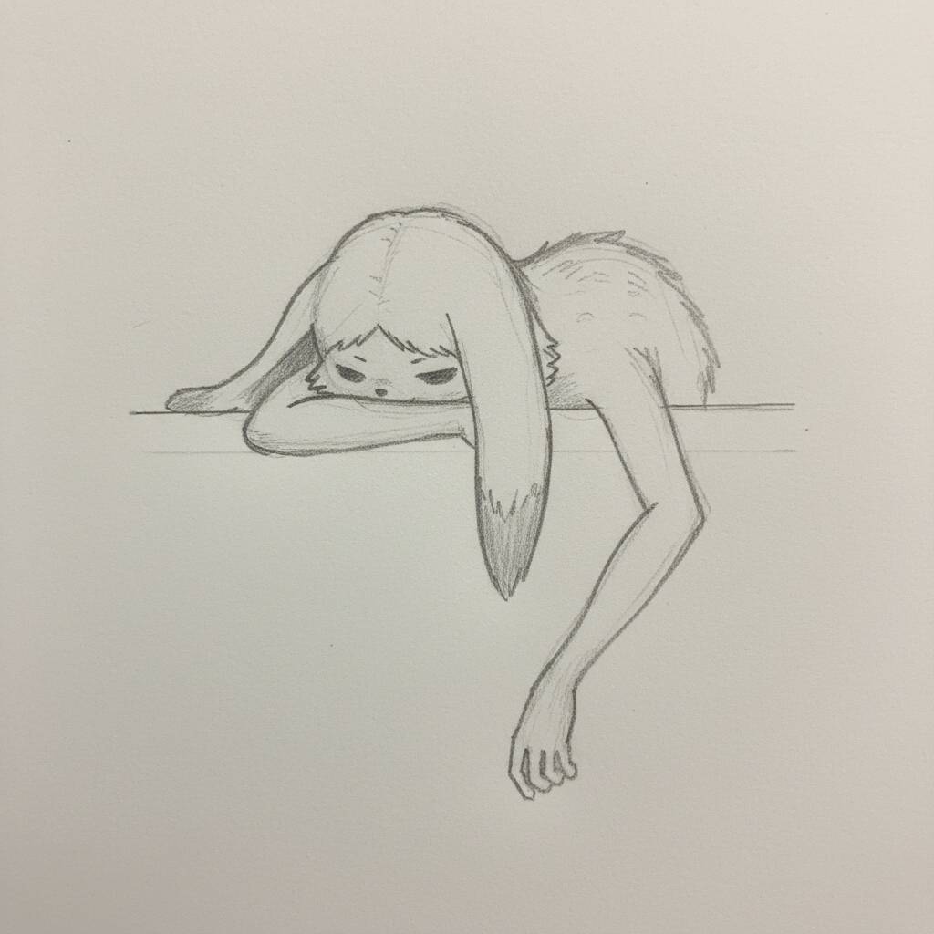 Desenho de um coelho triste com orelhas longas e expressão melancólica