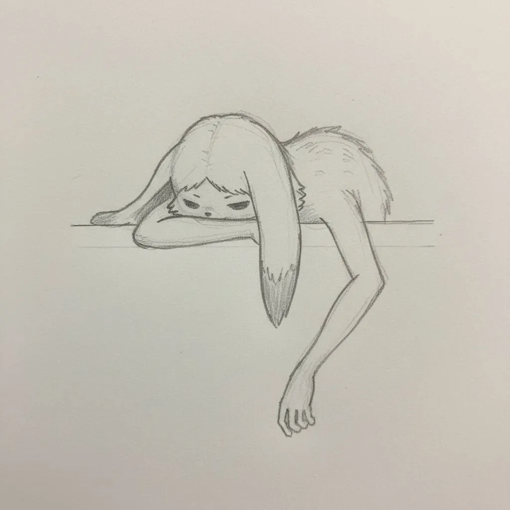 Desenho de um coelho triste com orelhas longas e expressão melancólica