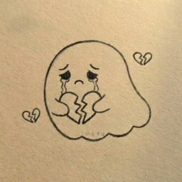 Desenho de um fantasma triste segurando um coração partido