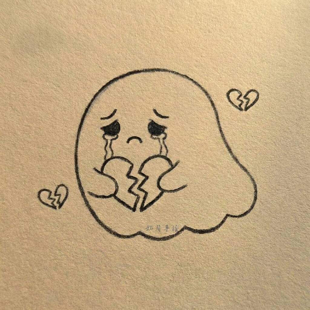 Desenho de um fantasma triste segurando um coração partido