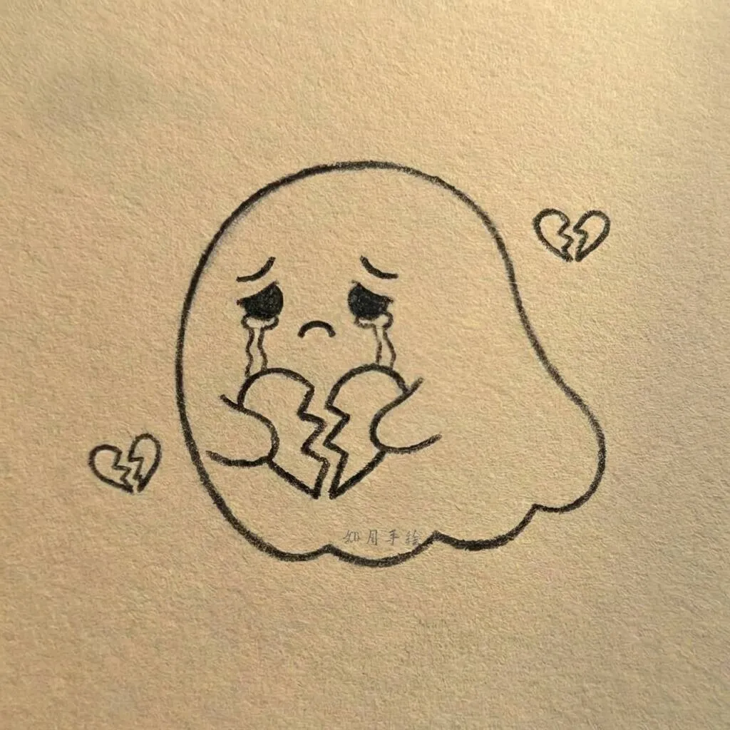 Desenho de um fantasma triste segurando um coração partido