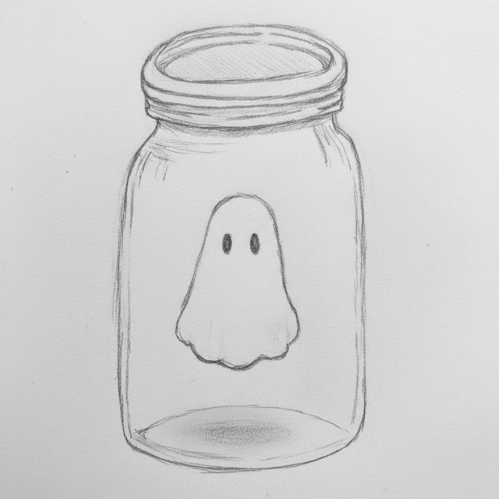 Desenho de um fantasminha dentro de um pote de vidro