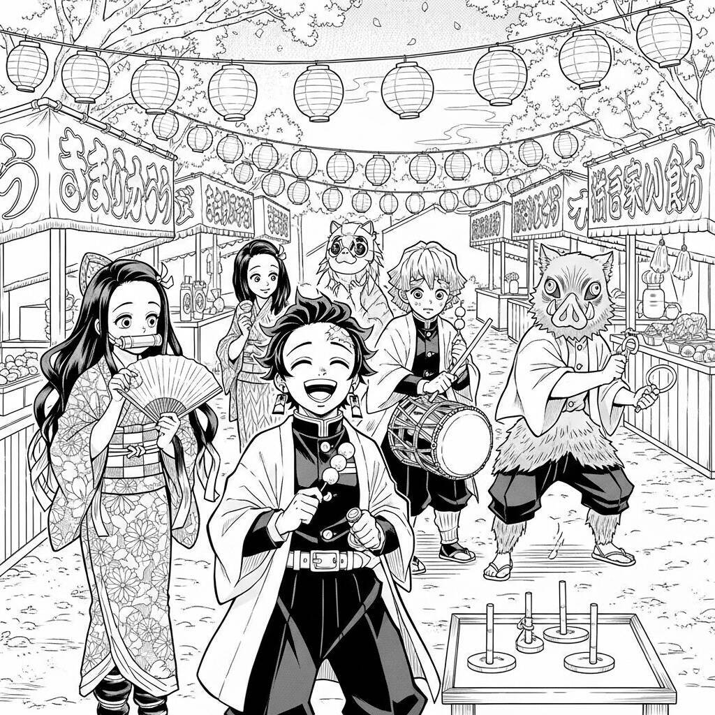 Malvorlage eines Festivals in der Demon Slayer-Welt