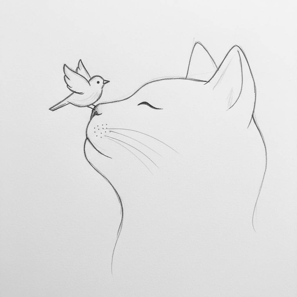 Desenho de um gato com um pássaro pousado em seu nariz