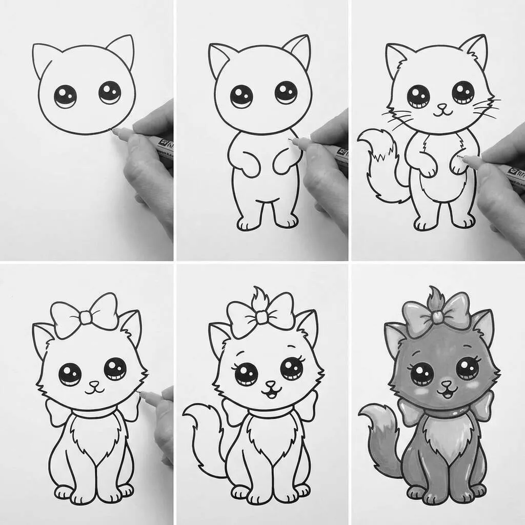 Desenho de um gato fofo com laço, ideal para colorir