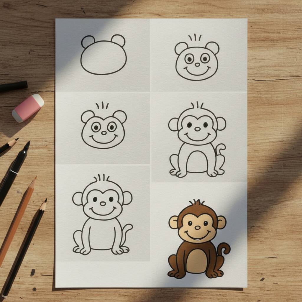 Desenho de um macaco fofo em etapas para colorir