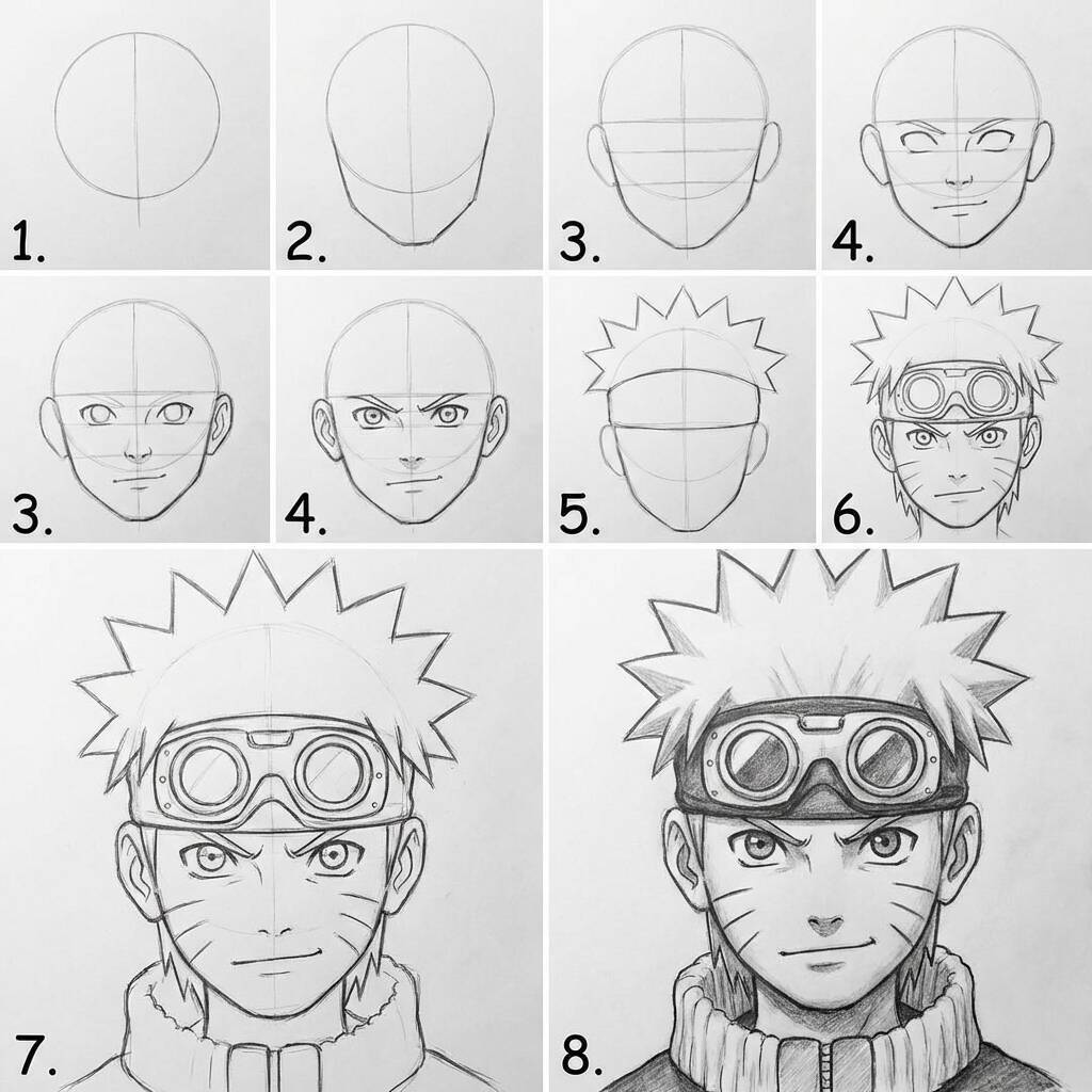 Desenho de um personagem de anime em várias etapas