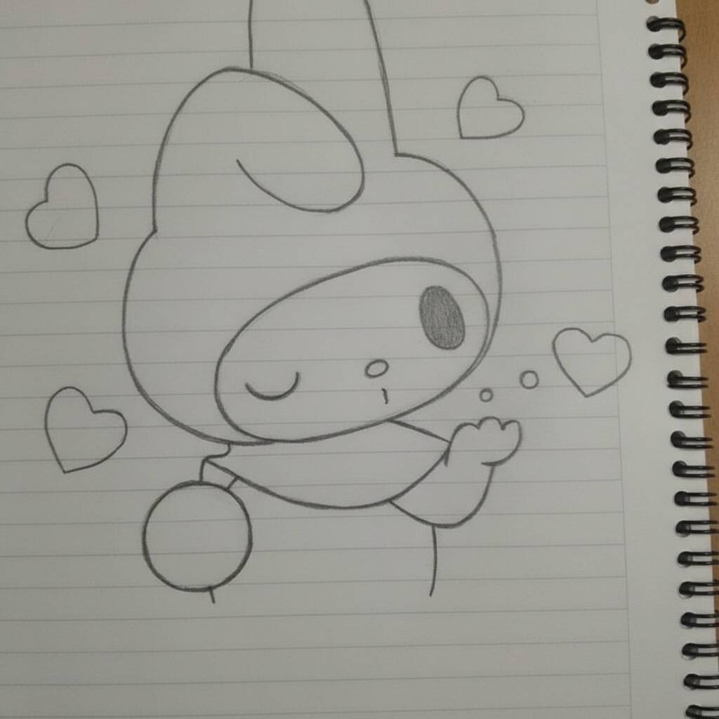 Desenho de um personagem fofo com corações ao redor