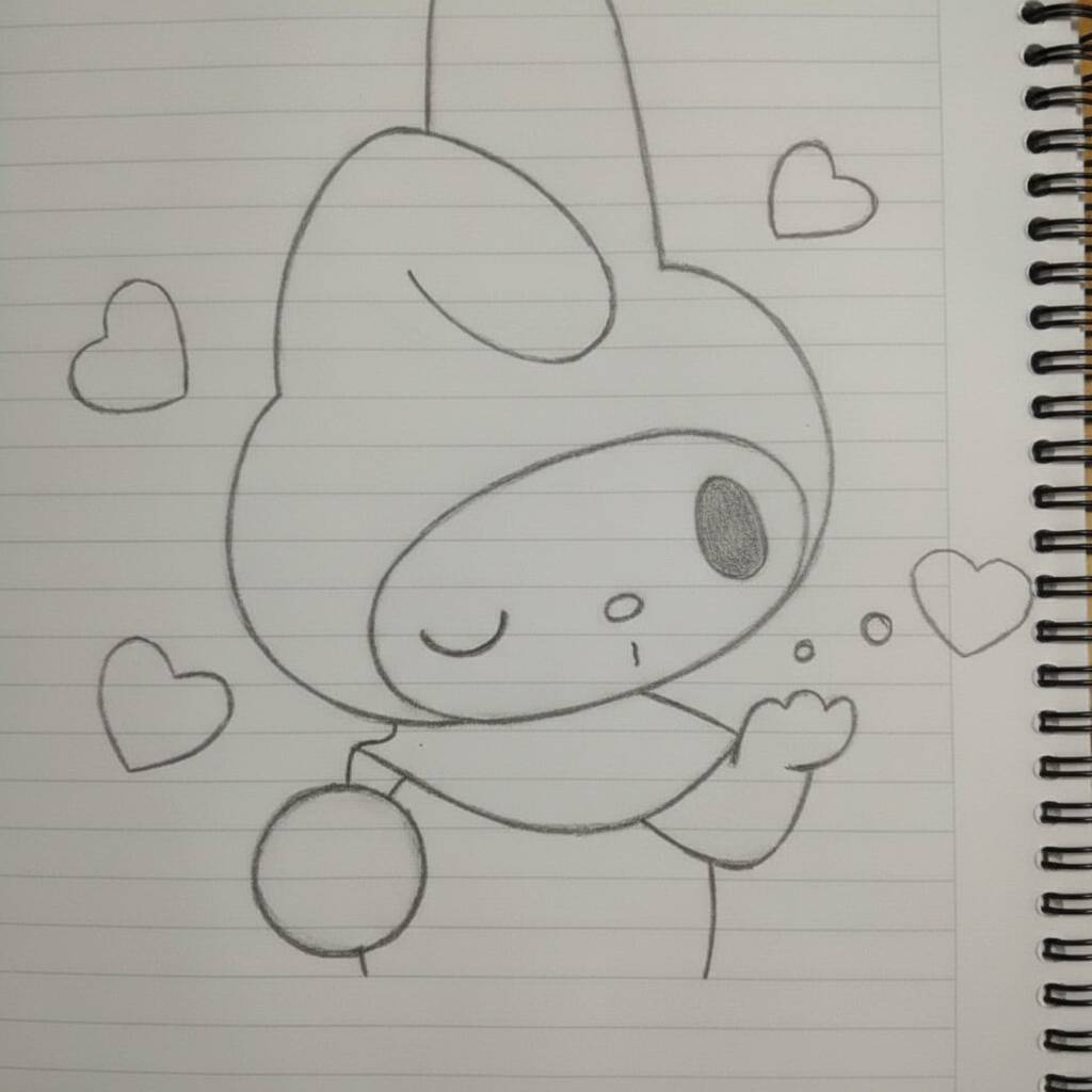 Desenho de um personagem fofo rodeado por corações