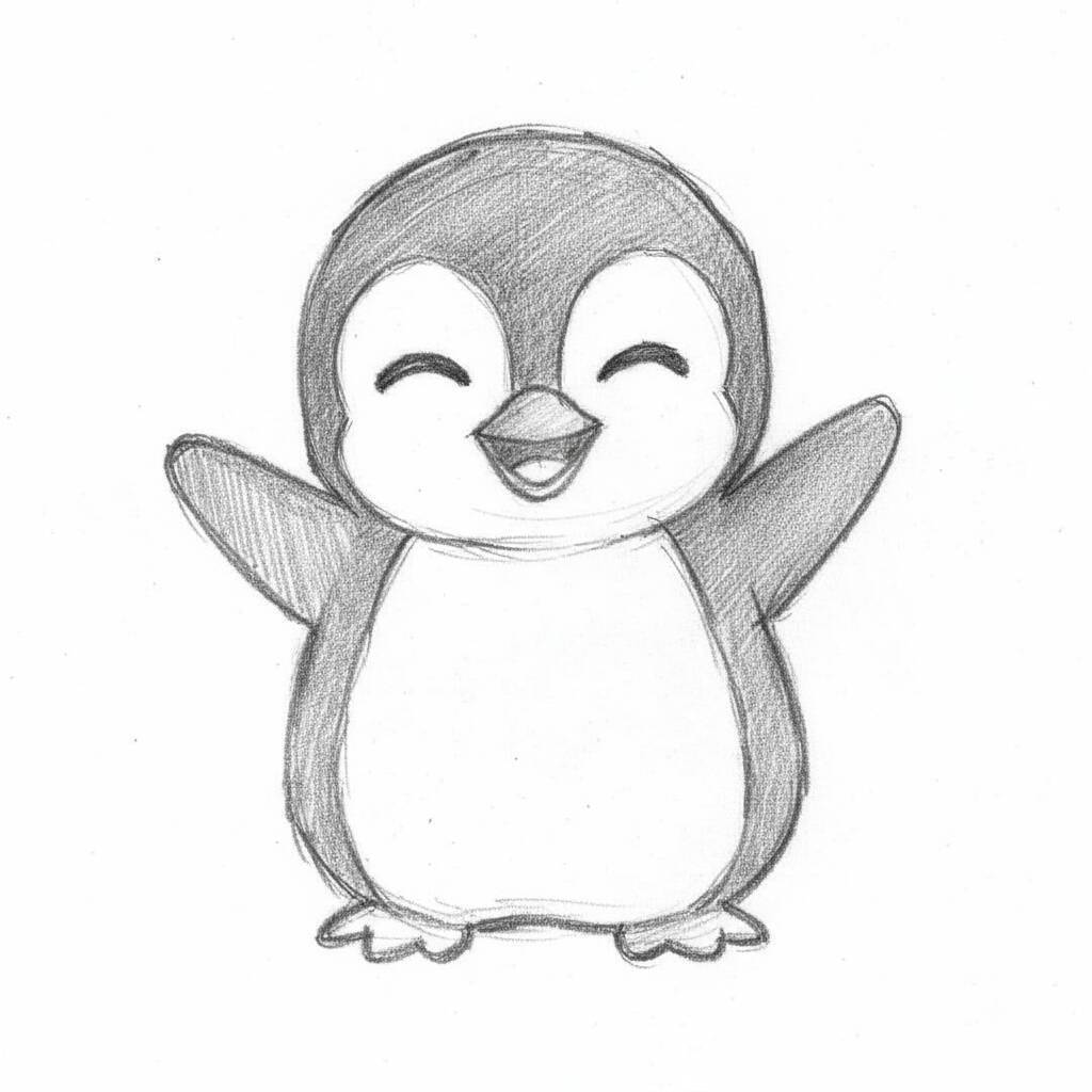 Desenho de um pinguim sorridente com braços abertos