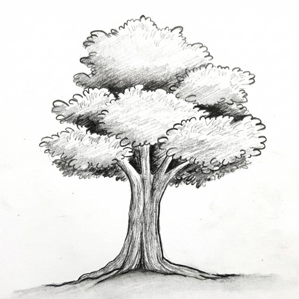 Desenho de uma árvore para colorir, mostrando como desenhar passo a passo