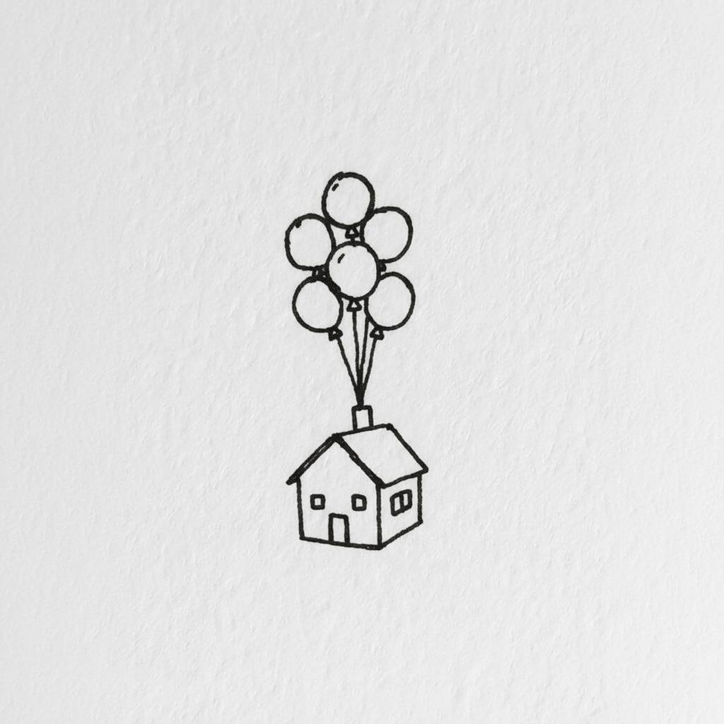 Desenho de uma casa com balões coloridos