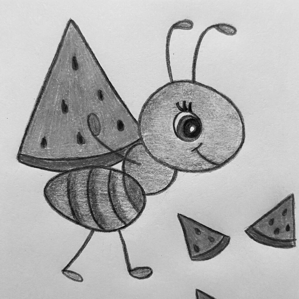 Desenho de uma formiga alegre carregando uma fatia de melancia