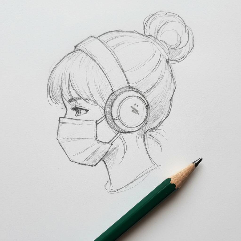 Desenho de uma jovem com fones de ouvido e máscara