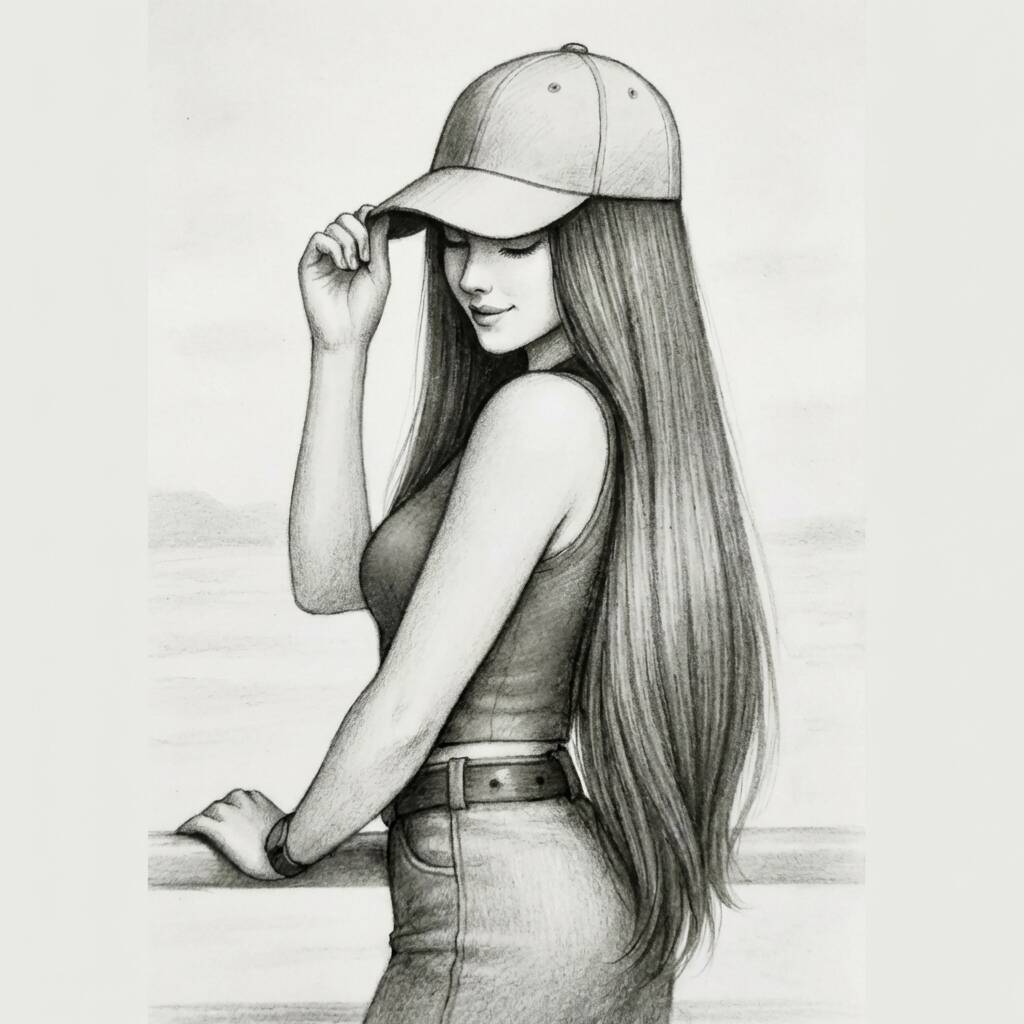 Desenho de uma jovem estilosa usando boné